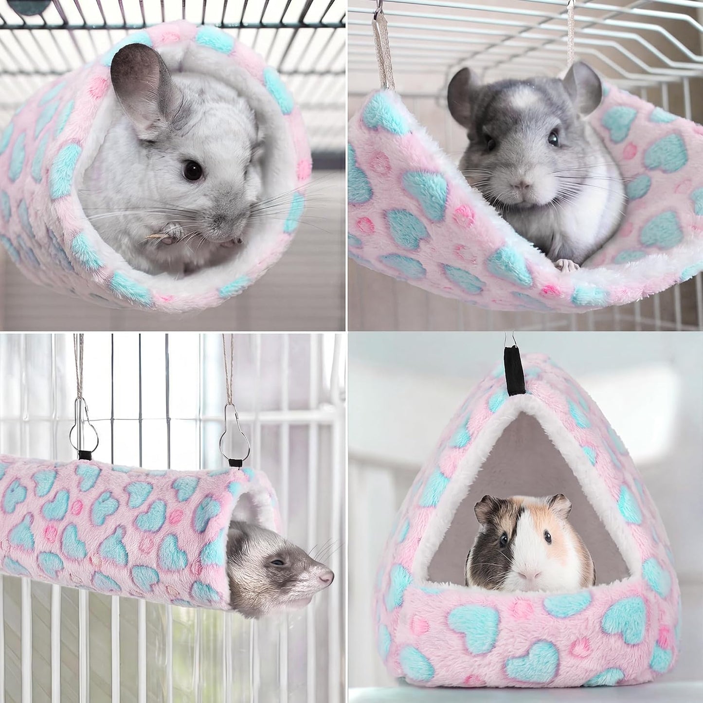 MCEAST 4 Pieces Small Pets Cage Accessories Hanging Hammock Sleeping Bag Tunnel and Bed Hideout Set Warm Sleep Nap Sack Bed for Hamster Ferret Squirrel Rabbit, Pink Hearts