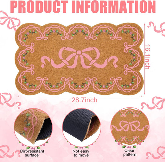 Jenaai Pink Bow Welcome Doormat, 16 x 29 Inches Cute Front Coir Door Mat with Scalloped Design, Non Slip Outdoor for Entryway Patio Porch Indoor Decor