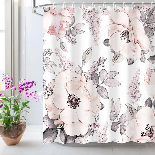 LIVILAN Pink Gray Flower Shower Curtain, Watercolor Floral Shower Curtains with Hooks White Grey Fabric Blossom Bathroom Decor Machine Washable, 72" W x 72" H