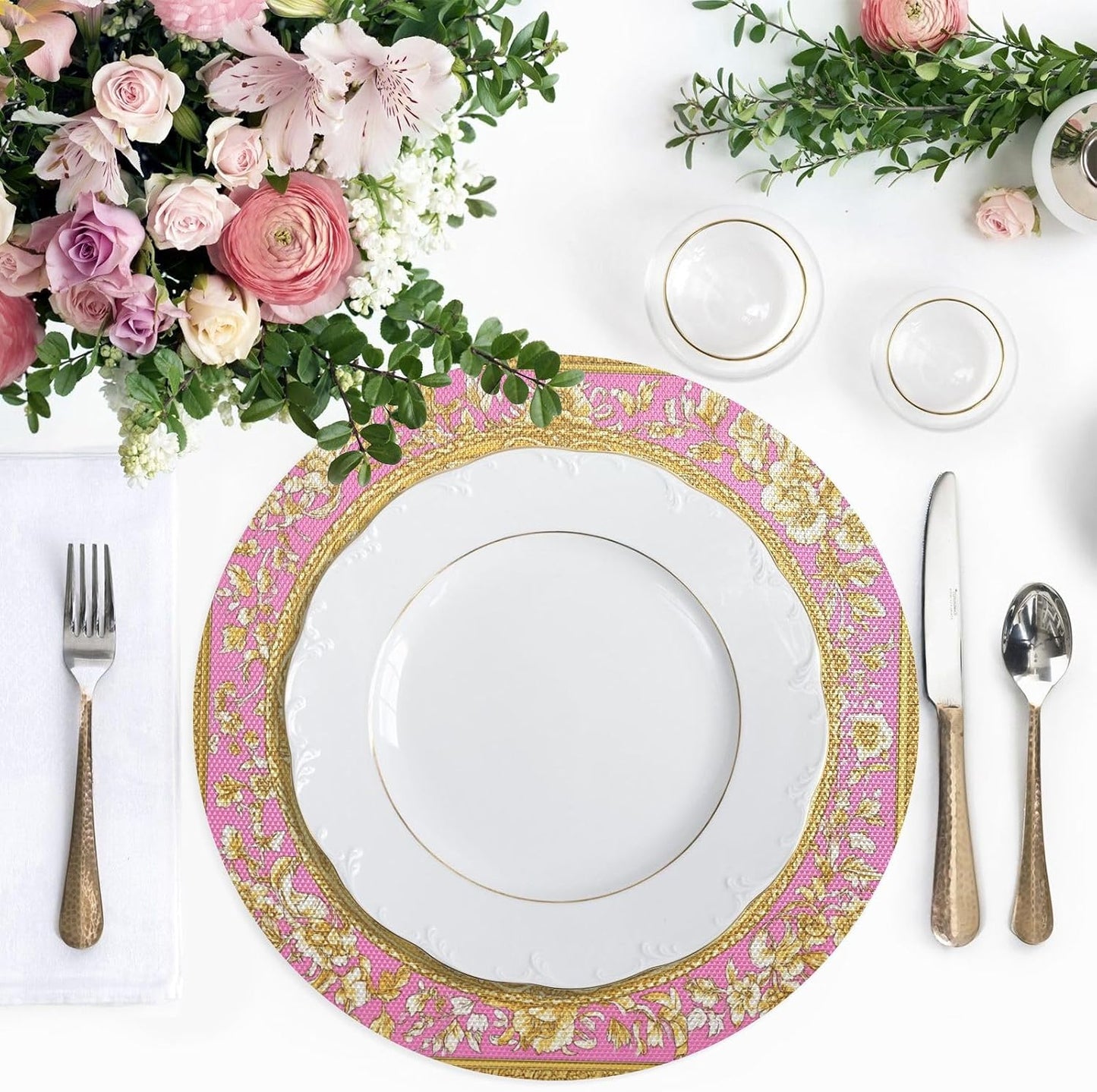 Retro Flower Pattern Gold and Peach Fabric placemats Round Reusable Chalkboard placemats placemat Washable Solid placemats for Dining Table Waterproof placemats for Kitchen Table 6 Place mats