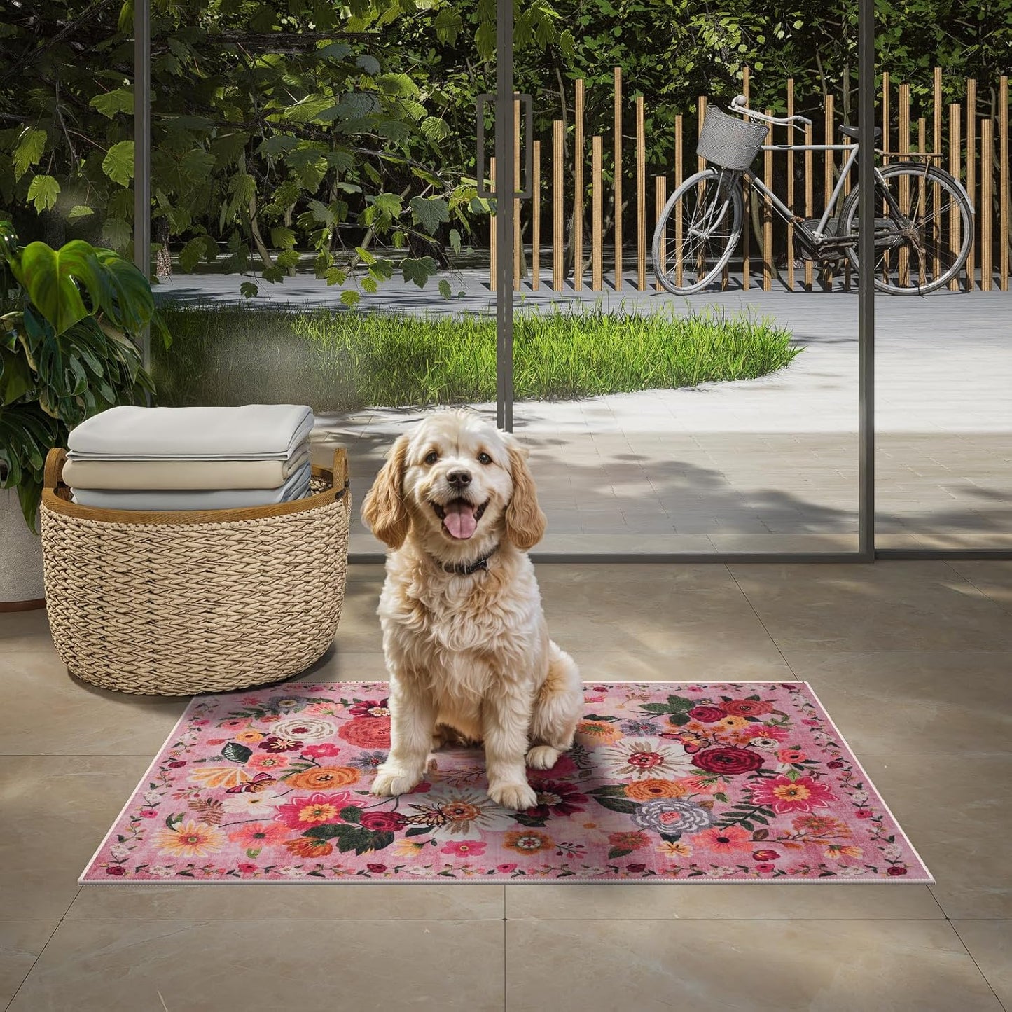 Pink Area Rugs 24x17 Inch Home Decor Entry Rug, Small Door Mat Bath Mats for Bathroom, Ultra-Thin Non Slip Floral Low Pile Tub Mat for Sink Shower Doorway Tub Kitchen Sink(2 x 1.4, Pink Garden)