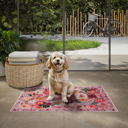 Pink Area Rugs 24x17 Inch Home Decor Entry Rug, Small Door Mat Bath Mats for Bathroom, Ultra-Thin Non Slip Floral Low Pile Tub Mat for Sink Shower Doorway Tub Kitchen Sink(2 x 1.4, Pink Garden)