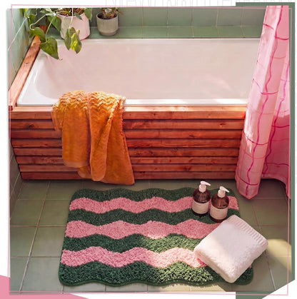 Nuanchu Cute Scalloped Bathroom Rug, Plush Tufted Absorbent Soft Wave Striped Bath Mat 24"x16", Non-Slip Washable Floor Carpet for Bathroom Bedroom Kitchen(Pink & Sage Green)