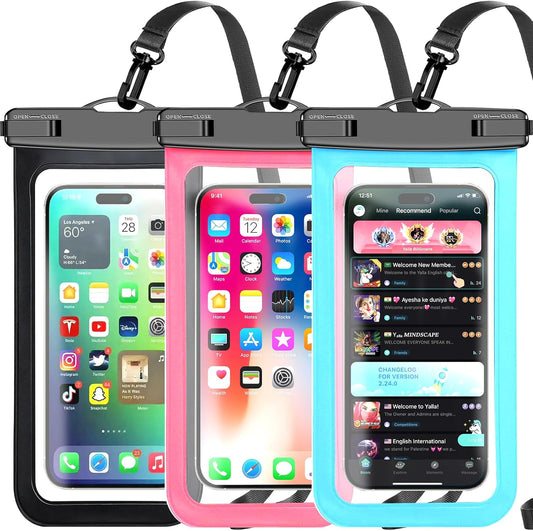 Famoby 3 Pack Multicolor Waterproof Phone Pouch, Cell Phone Waterproof Case Dry Bag,Protection Level: IP68,Beach Cruise for iPhone,Samsung,and More,Lanyard Included,(Fits Up to 8.3"),Black,Blue,Pink