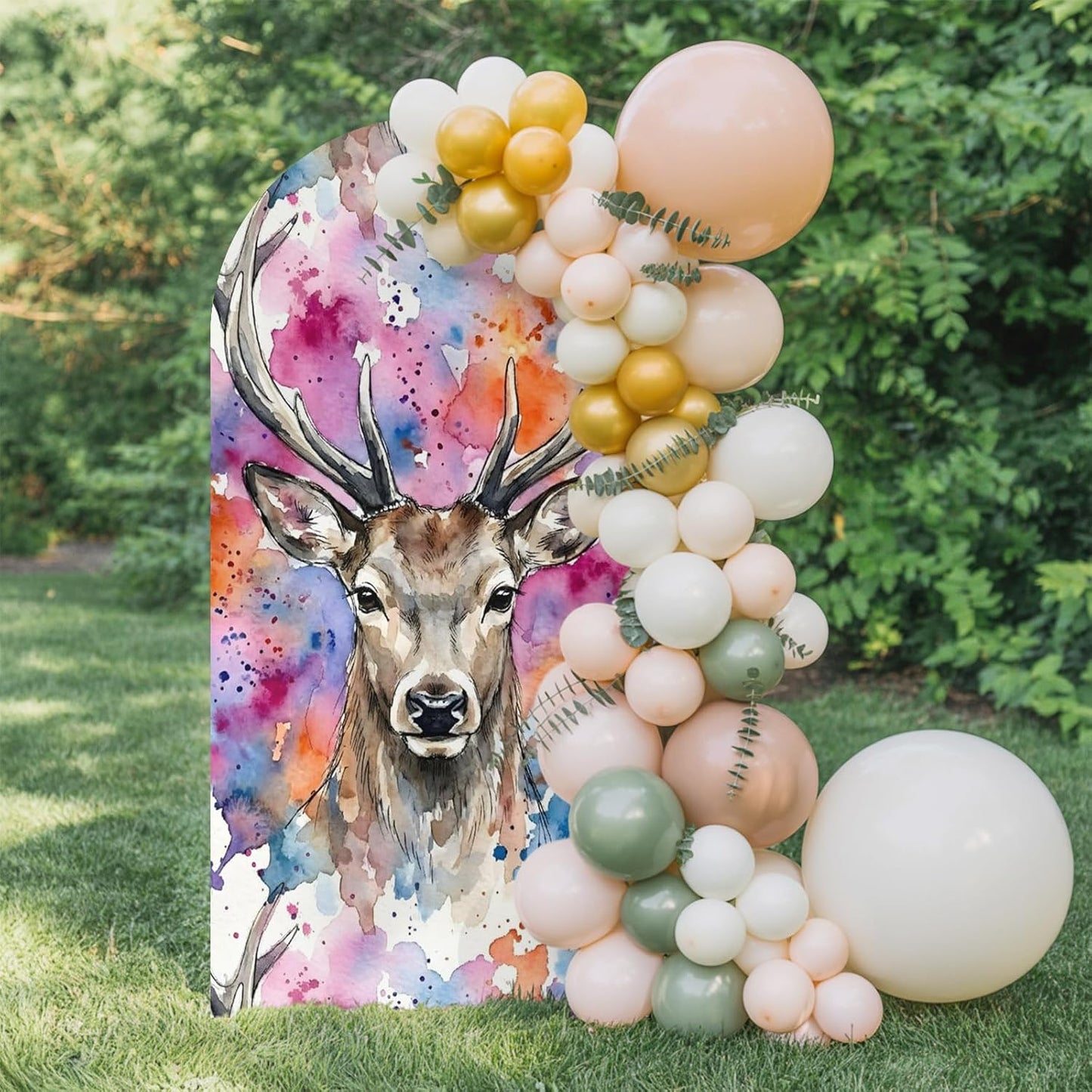 Elk Arch Backdrop Cover 6.6FT, Pink Purple Blue Watercolor Splashes Splatter Animal Spandex Fitted Stretchy Arch Stand Covers, Round Top Chiara Backdrop Cover for Wedding Party Birthday Baby Shower