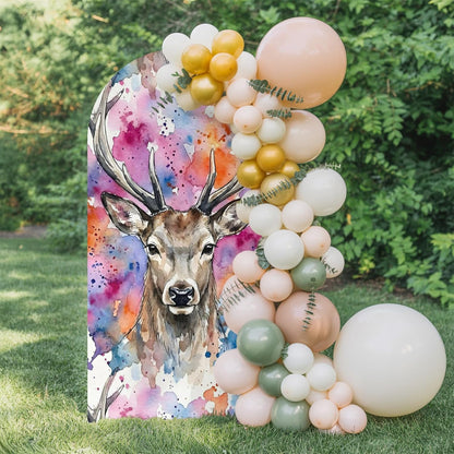 Elk Arch Backdrop Cover 6.6FT, Pink Purple Blue Watercolor Splashes Splatter Animal Spandex Fitted Stretchy Arch Stand Covers, Round Top Chiara Backdrop Cover for Wedding Party Birthday Baby Shower