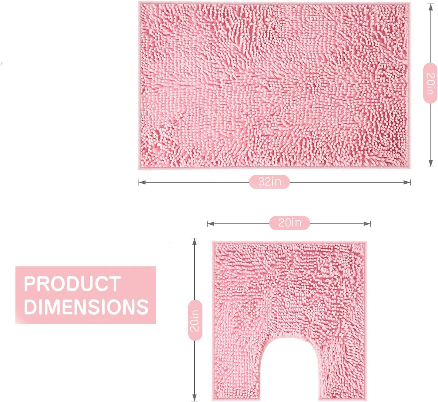 Pink Chenille Bathroom Rugs Set 2 Piece - Non Slip Absorbent Bath Mat for Shower, Quick Dry Machine Washable Floor Mats, Soft Plush, 20"x32"+U Shape 20"x20" Inch