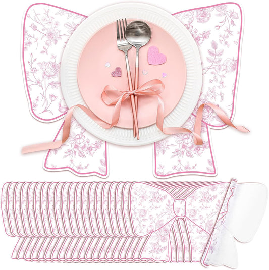 Tinlade 50 Pcs Disposable Pink Bow Placemats Christmas 8.94 x 13.78 Inches Coquette Bow Table Mats Decorative Paper Placemats for Birthday Bridal Wedding Coquette Party Table Decoration
