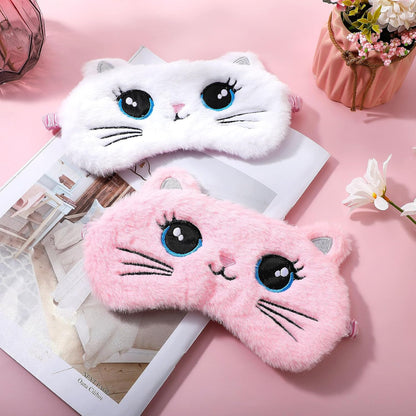 2 Pcs Plush Eye Mask Soft Sleeping Blindfold Eye Cover Comfortable Cute Animal Sleeping Mask Satin Nap Night Eyeshade Cover for Women Men Gift (Pink White Cat Style)