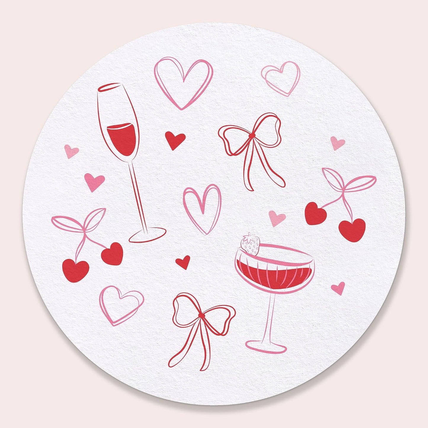 Big Dot of Happiness 25 Ct Drinks with the Girls Coasters, 4-Inch Disposable Round Paper Coasters Pink Bows, Hearts, Cherries, Galentine’s Day or Bachelorette Party, Table Decor for Cocktail Drinks