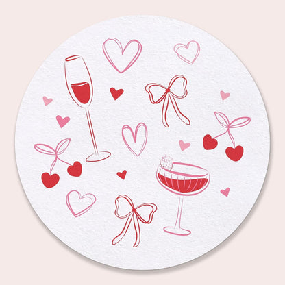 Big Dot of Happiness 25 Ct Drinks with the Girls Coasters, 4-Inch Disposable Round Paper Coasters Pink Bows, Hearts, Cherries, Galentine’s Day or Bachelorette Party, Table Decor for Cocktail Drinks