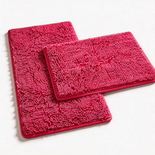 Hot Pink Chenille Striped Bath Rug Set - 20" x 32"/16" x 24" Non Slip Thick Soft Bath Mats for Bathroom, Kitchen/Living Room
