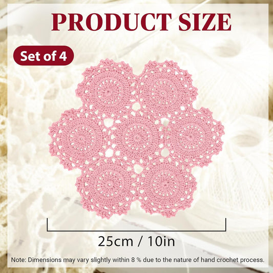 kilofly Crochet Cotton Lace Table Placemats Doilies Pack, 4pc, Blossoms, 10 inch (Pink)