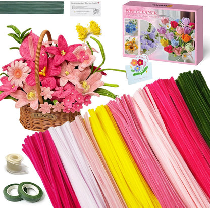985pcs Multi-Pink Gradient Pipe Cleaner Flower Making Kit–8 Pink Tones Chenille Stems with Flower Stems, Stamens etc, Complete DIY Flower Making Set for Art Projects, Party Decorations & Gift Wrapping