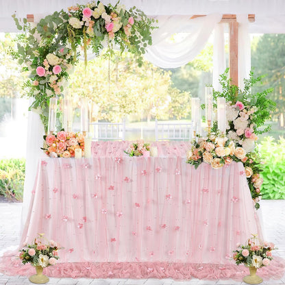 LuoluoHouse Pearl Tulle Tablecloth 10ft Flower Pearl Table Runner Sheer Gauze Fabric Wedding Lace Kitchen Linen for Arch Bridal Shower Veil Baby Shower Sweetheart Table Decorations(Dusty Pink)