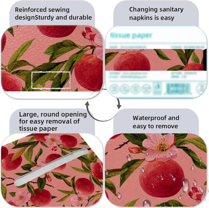 2 Pack Pink Peach Pattern (1) Tissue Box Cover, Square PU Leather Tissue Holder, Decorative Facial Tissue Cube Paper Organizer Dispenser for Bathroom, Night Stands, Desk, Car