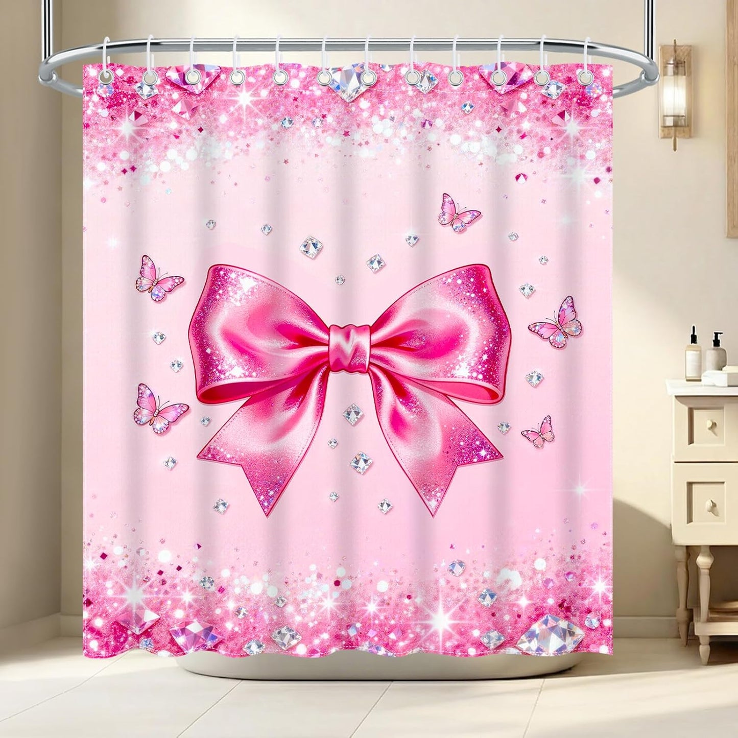 4Pcs Pink Bow Shower Curtain Sets, Bathroom Sets with Shower Curtain, Non-Slip Rugs, Toilet Lid Cover and Bath Mat, Pink Glitter Diamond Shower Curtain with 12 Hooks for Bathroom Set Decor