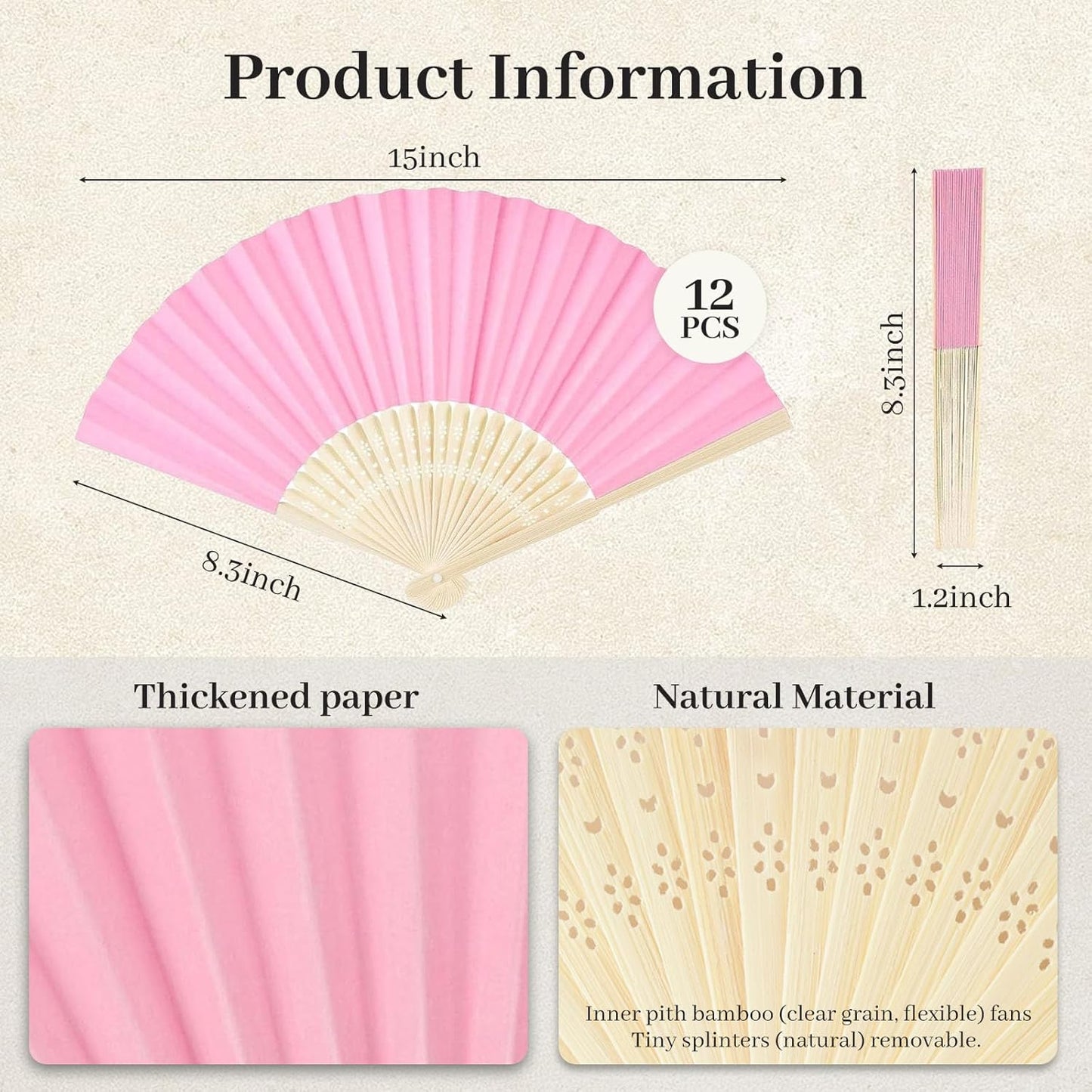 JOHOUSE 12 Pcs Foldable Hand Fan, 8.3 Inch Pink Paper Fans for Women Wedding Baby Shower Princess Theme Party Decorations, Tea Party Bachelorette Engagement, DIY Crafts Photography Props