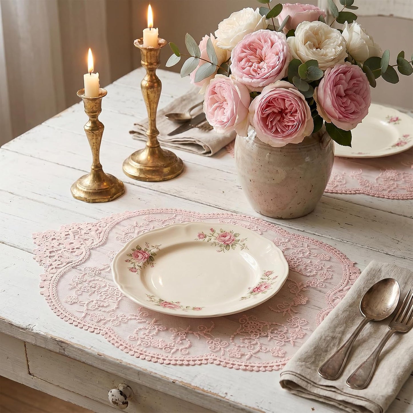 Amabro 4Pcs Lace Doilies for Tables Retro French Style Lace Placemats Doilies for Tables Fashionable Floret French Crochet Coasters Elegant and Retro Cup Mats Home Wedding Furniture Decor(Pink)