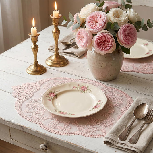 Amabro 4Pcs Lace Doilies for Tables Retro French Style Lace Placemats Doilies for Tables Fashionable Floret French Crochet Coasters Elegant and Retro Cup Mats Home Wedding Furniture Decor(Pink)