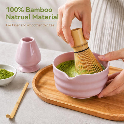 Matcha Whisk Set with Elegant Pink Ceramic Bowl - Complete Matcha Making Kit, Bamboo Whisk (Chasen), Holder, Matcha Sifter, Scoop, Traditional Tea Ceremony Tools