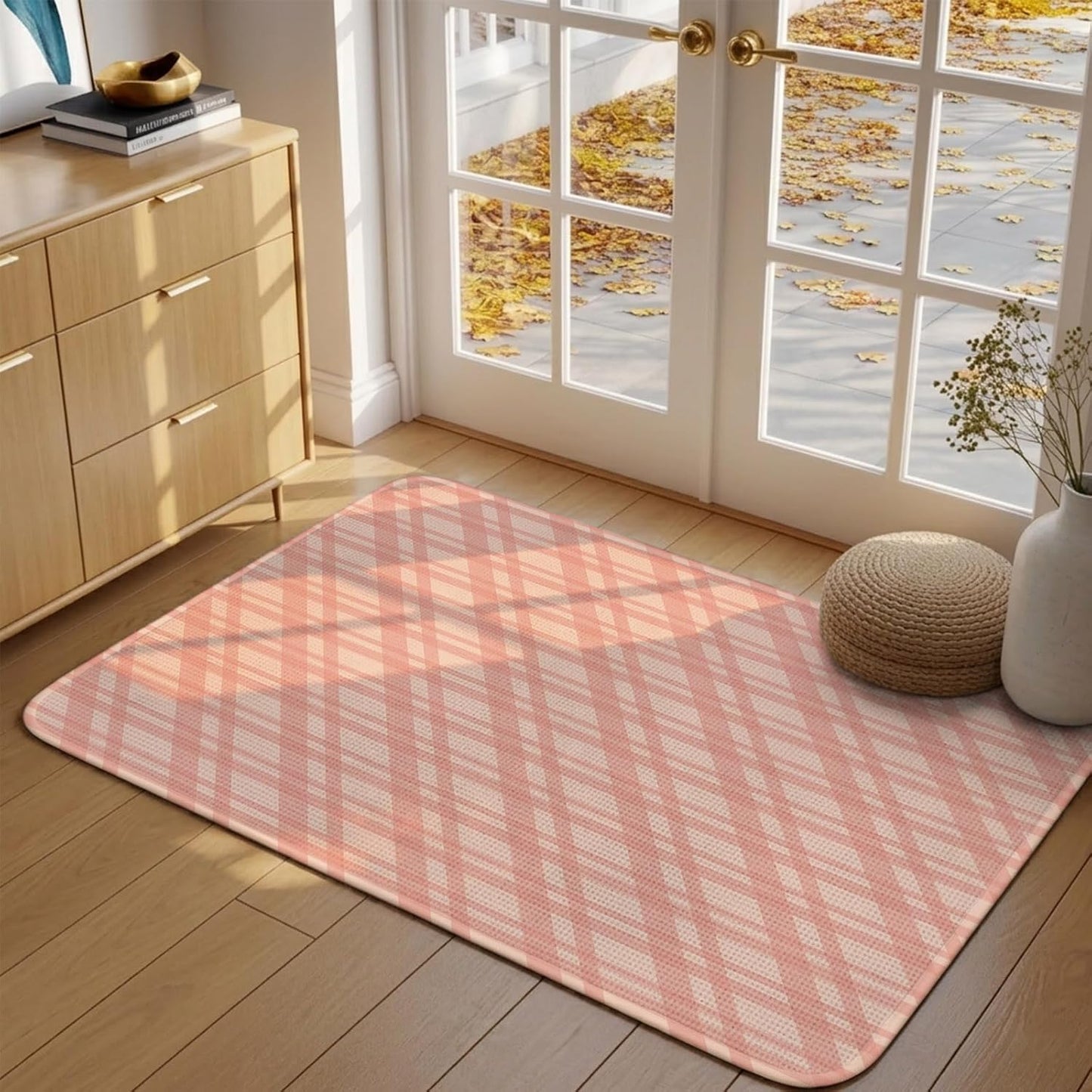 Bathroom Rugs 19.7x31.5 Inch, Pink Stripes Non Slip Rugs Washable Low Pile, Modern Minimalist Texture Front Door Mat Entryway Rug with Rubber Backing