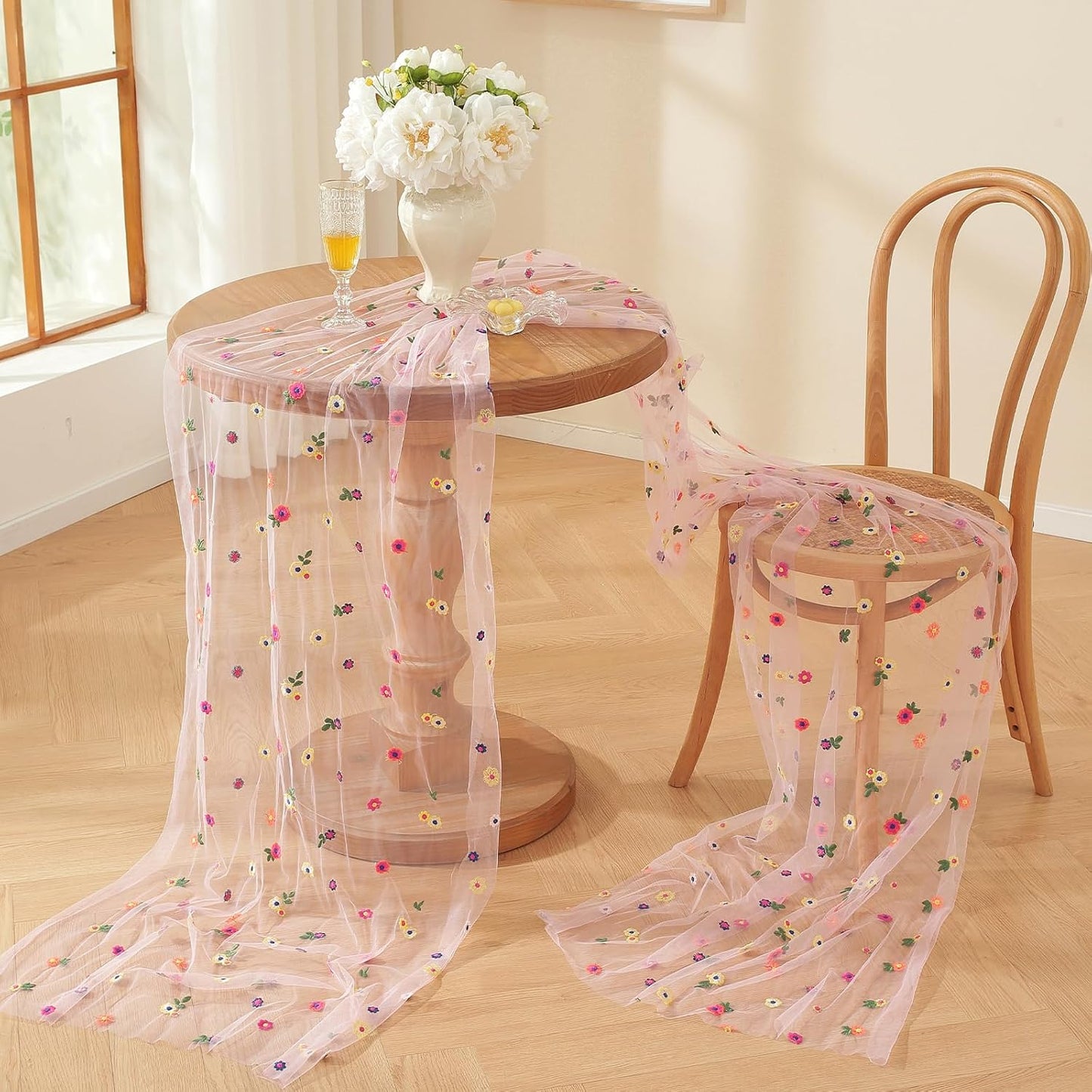 Pink Embroidery Daisy Fall Table Runner 10ft Florals Seasonal Tulle Table Runner Holiday Kitchen Dining Table Decoration for Home Party Indoor
