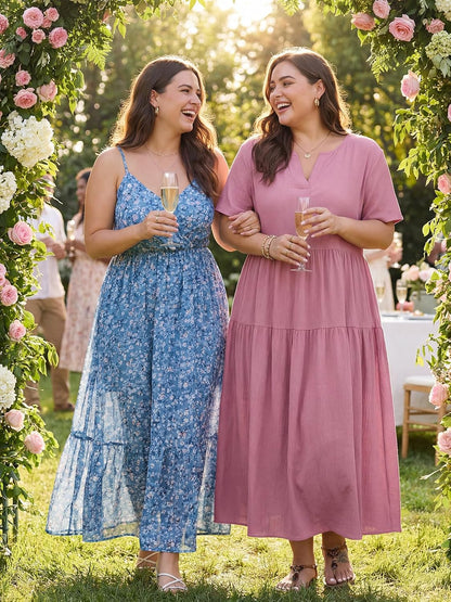 OLRIK Plus Size Maxi Dresses for Curvy Women - Flowy Boho Summer Dress with Pockets, V-Neck Short Sleeve for Beach Vacation