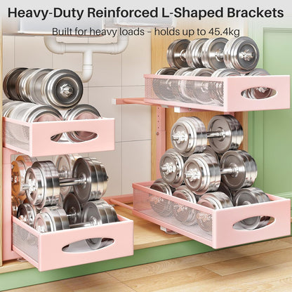 Under Sink Organizer, 2 Tier Pull out Cabinet Organizer Baskets with Mesh Sliding Drawers, Slide out Storage Shelf for Home, Kitchen, Bathroom, Pantry, Office Cabinet(1 Pack, Pink)