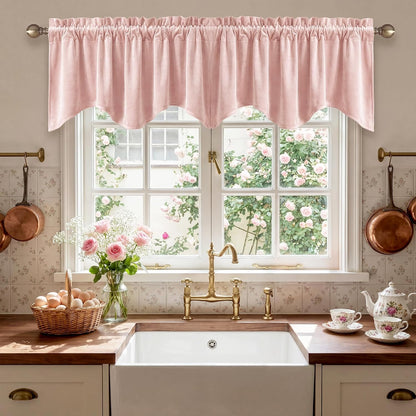 StangH Pink Scalloped Velvet Window Valance, Soft Wavy Pink Kitchen Curtains for Small Windows, Cute Decorative Window Treatment for Nursery Bedroom, 52x18 Inch, 1 Panel