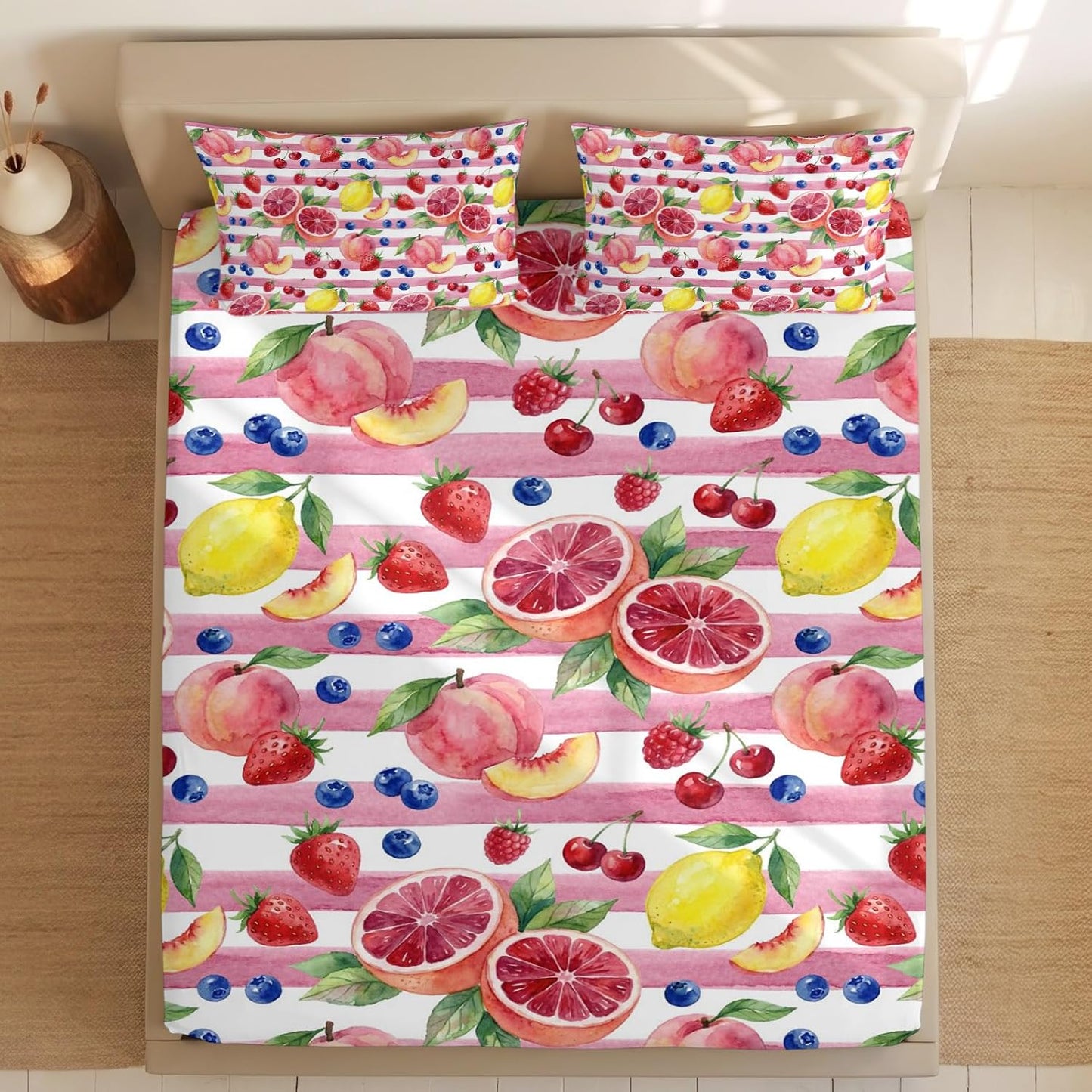 Queen Fitted Sheet Deep Pocket Bed Sheets with Elastic, Summer Peach Lemon Grapefruit Microfiber Bed Sheet Set, Blueberry Strawberry Pink Stripe Decorative Mattress Cover with 2 Pillowcase