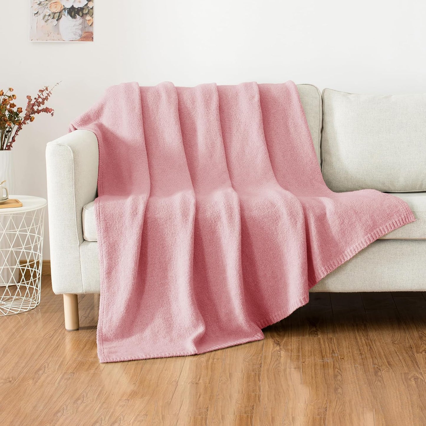 Carriediosa Wool Blend Knit Throw Blanket 50% Recycled Poly 50x60 Pink | Rib Knitted, Lightweight, Soft, Fuzzy, Cozy, Fluffy, Throws, Blankets, Bed Cover, For Couch, For Sofa