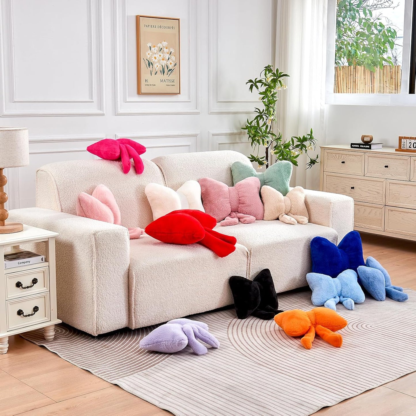 XVTRU Pink Bow Pillow, Soft Bow Decorative Pillows with Faux Rabbit Fur, Cute 12" Bow Throw Pillows, Aesthetic Home Decor Bow Shaped Plush Pillow for Bedroom Sofa Couch