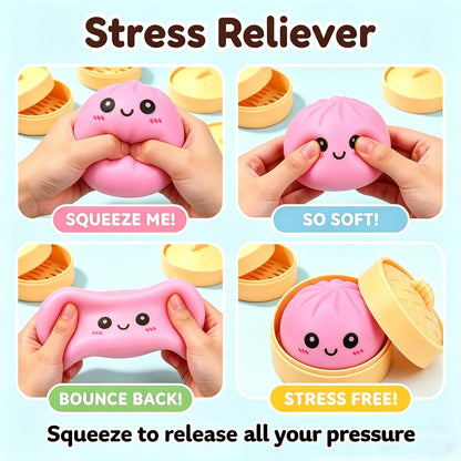Pink Dumpling Squishies with Box,Squishies Dumplings Stress Relief Balls Fidget Sensory Toy,Bao Bun with Food Steamer Stretchy Desk Squeeze Toys
