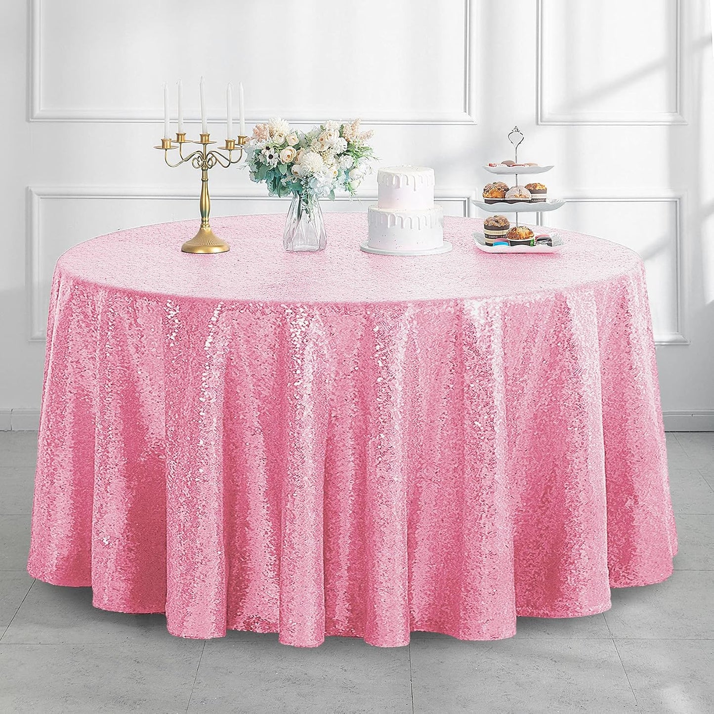 Pufogu 50" Round Pink Sequin Tablecloth Glitter Pink Table Cloths for Birthday Wedding Bridal Baby Shower Party Decorations