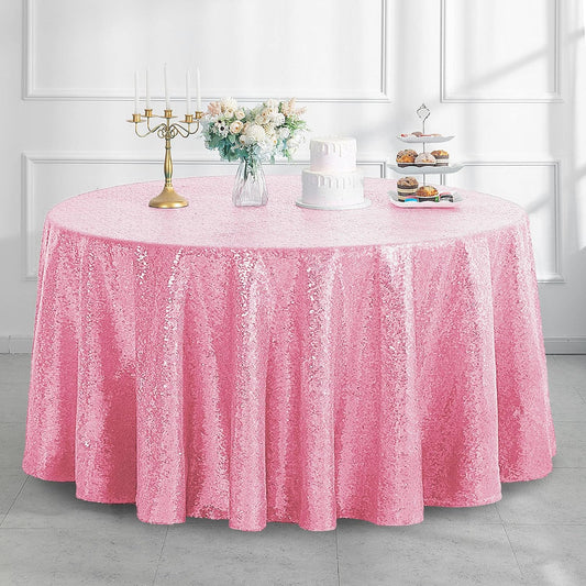 Pufogu 50" Round Pink Sequin Tablecloth Glitter Pink Table Cloths for Birthday Wedding Bridal Baby Shower Party Decorations