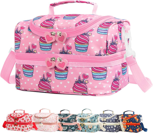 Insulated Kids Dual Compartment Lunch Bags Tote for Girls Boys Toddler Lunch Boxes Pre-School Toddler Kindergarten Picnic Camp Food Cooler Thermal with Strap (Pink Unicake)
