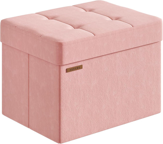 ABHENG Folding Storage Ottoman, Velvet Storage Bench, Footrest, Foot Stool,for Living Room, Bedroom and Office,12.2 x 16.1 x 12.2 Inches, 200 kg Load Capacity,Jelly Pink,UASND03P