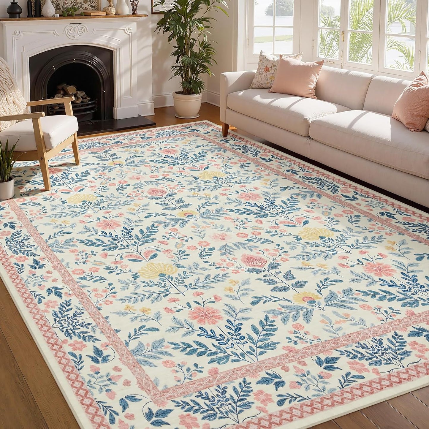 Joydeco Machine Washable Light Pink 5x7 Area Rugs for Bedroom Girls Playroom, Boho Floral Kids Room Nursery Rug Non Slip, Soft Indoor Floor Carpet for Dorm Living Room Classroom
