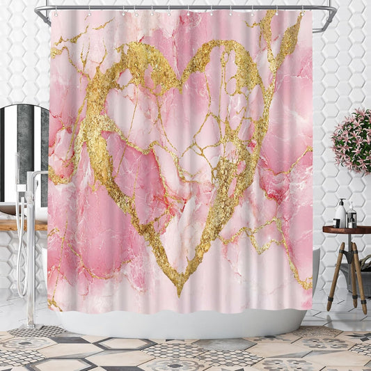 WELMECO Marble Shower Curtain, Modern Abstract Gold Heart Bathroom Decor Polyester Fabric 72x72inch Bathroom Curtain with Hooks (Pink)