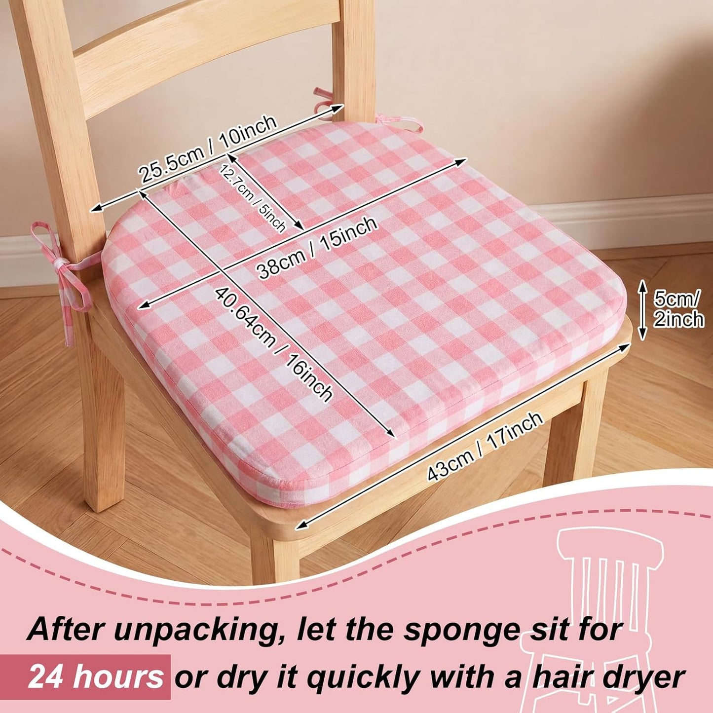 Geetery D-Shaped Checkered Chair Cushion for Dining 17"x16"x2" Thick Buffalo Plaid Non-Slip Chair Pad with Ties and Removable Cover for Home Outdoor Patio Room Indoor Seat Cushion (Pink)