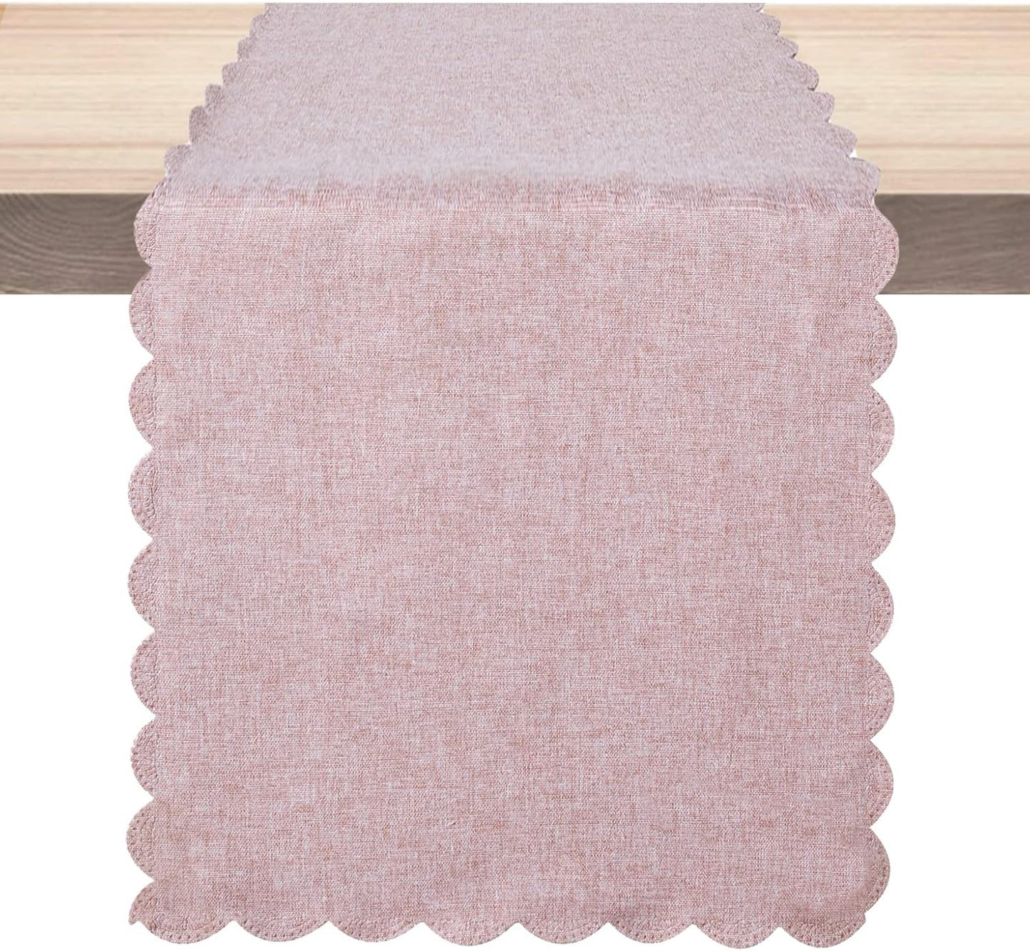 Table Runner 13 x 72 Inches Long, Cotton Linen Farmhouse Scallop Style Pink Table Linen for Kitchen Dining Coffee Table Parties Wedding Home Decor (13” x 72”, Pink)