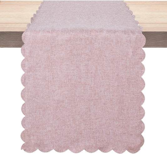Table Runner 13 x 72 Inches Long, Cotton Linen Farmhouse Scallop Style Pink Table Linen for Kitchen Dining Coffee Table Parties Wedding Home Decor (13” x 72”, Pink)