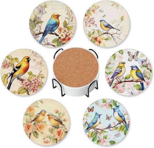 6 Pcs Drink Coasters with Holder,Vintage Watercolor Bird Flower Absorbent Round Ceramic Coaster for Tabletop Protection,for Coffee Cup Beverage Coasters Wine Beer Bar