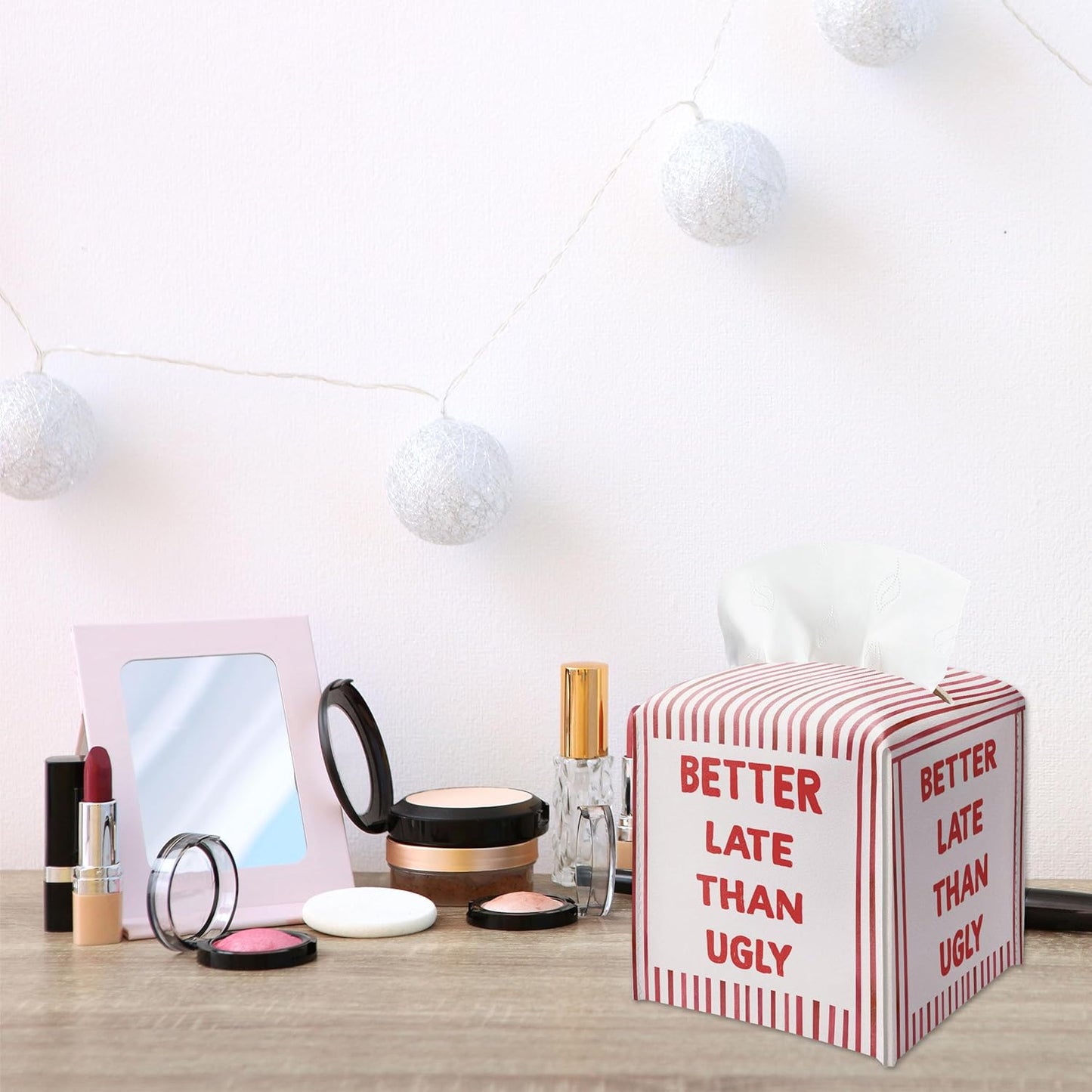 Better Late Than Ugly Pink Tissue Box Cover, Pink Bathroom Decor, Square Decorative Tissue Box Holder, for College Girls Women, Leather Toilet Paper Cover for Dorm Tabletop-A36