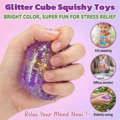 Pink Glitter Cube Sugar Stress Ball Squishy Sensory Fidget Toy for Kids & Teens, Slow Rebound Cube Squishy, Portable Squeeze Fidget Toy for Anxiety, Party Favors, Birthday Gifts