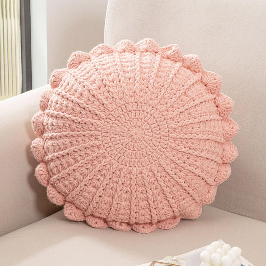 Knitted Throw Pillow Round Couch Pillow Handmade Decorative Plush Pillow Cute Cushion (Pink, 18inch)