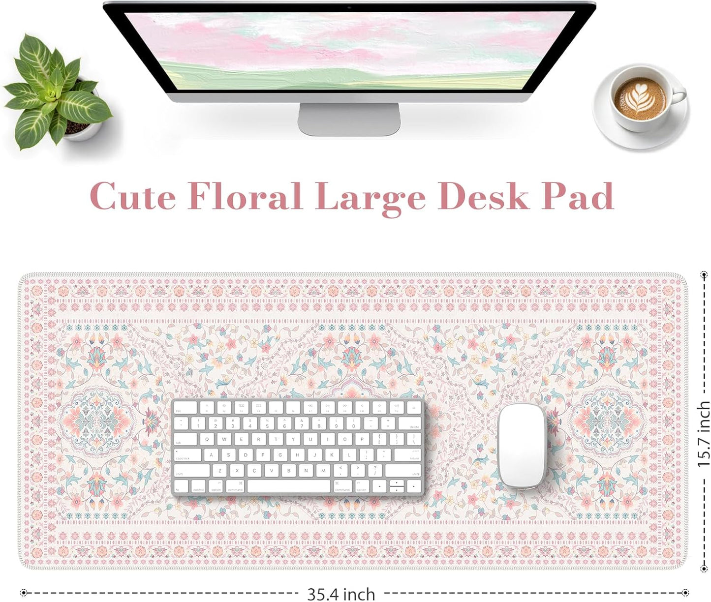 HAOCOO Pink Desk Mat, Non-Slip Office Table Mat, Aesthetic Mouse Pad with Stitched Edge, 35.4" x 15.7" Long Mouse Pad, Waterproof Dorm Desk Mat for Writing, Drawing