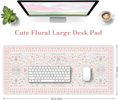 HAOCOO Pink Desk Mat, Non-Slip Office Table Mat, Aesthetic Mouse Pad with Stitched Edge, 35.4" x 15.7" Long Mouse Pad, Waterproof Dorm Desk Mat for Writing, Drawing