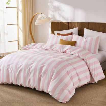 Merryword Pink and White Striped Duvet Cover Set King Size, 100% Cotton Bedding Set with Zipper Closure & 8 Corner Ties, Luxury Linen Like Bedding, Soft Breathable Comforter Cover for All Seasons